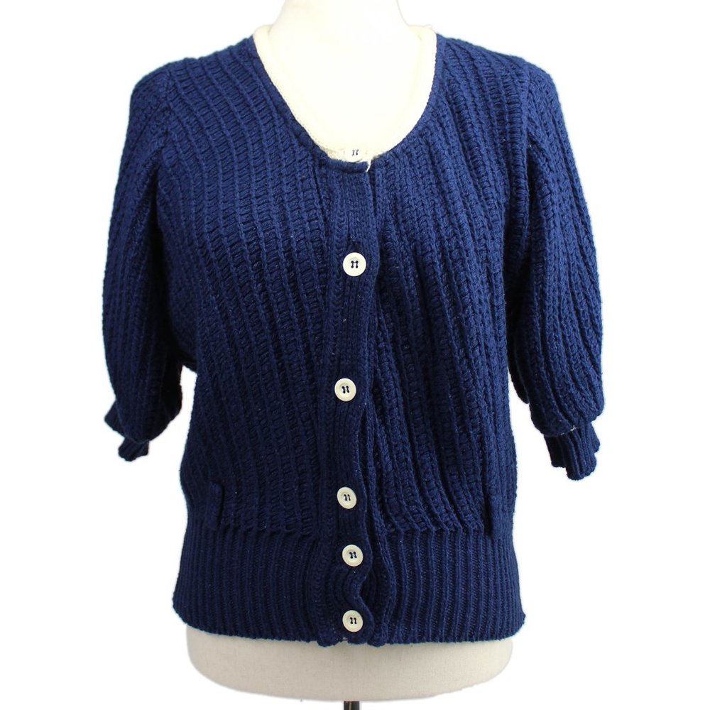 Vintage Givenchy 5 Navy White Cotton Blend Short Sleeve Cardigan M France